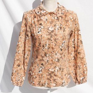 Beaujolais 1960s Earthtone Floral Ruffled Collar Button Down Shirt